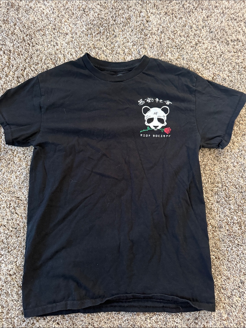 riot society Black Short Sleeve Tee with Panda and Rose Graphic
